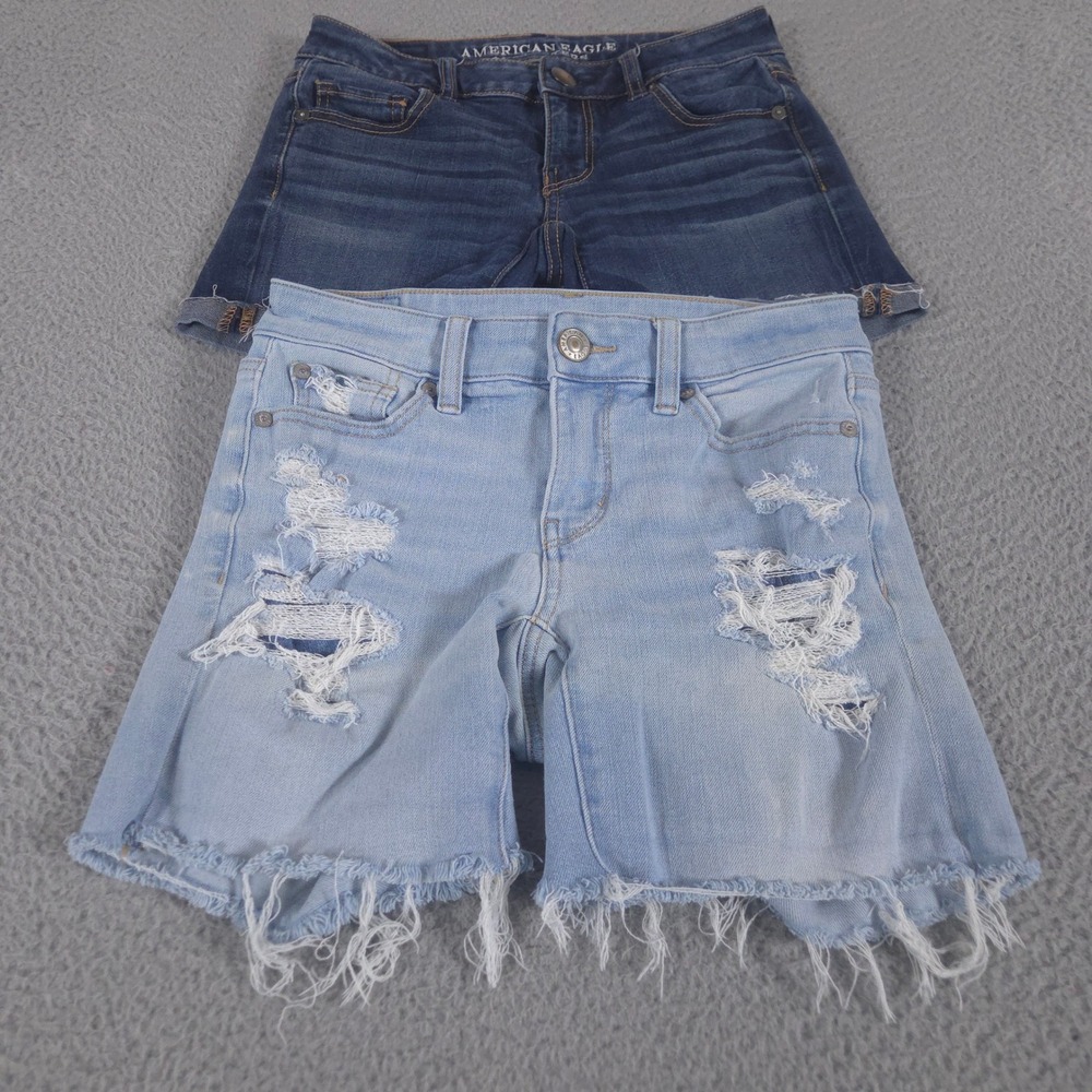 LOT OF 2 American Eagle Shorts Womens 0 Blue Midi Super Stretch Dream Distressed
